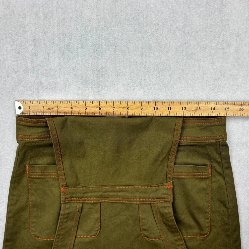 ModCloth Overall Jumper Mini Dress Olive Green Orange Stitch Pinafore Womens 4